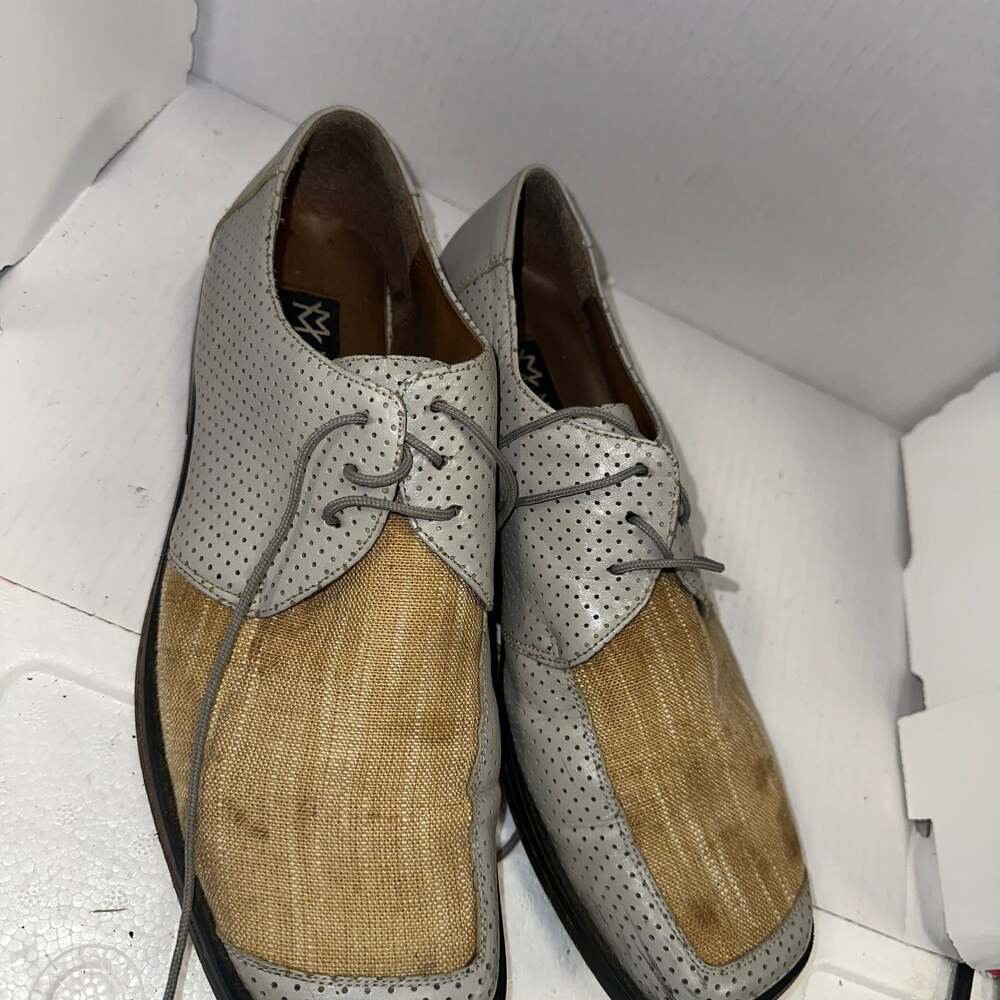 Marco Vicci Premium Perforated Leather and Tan Linen Oxford Shoes